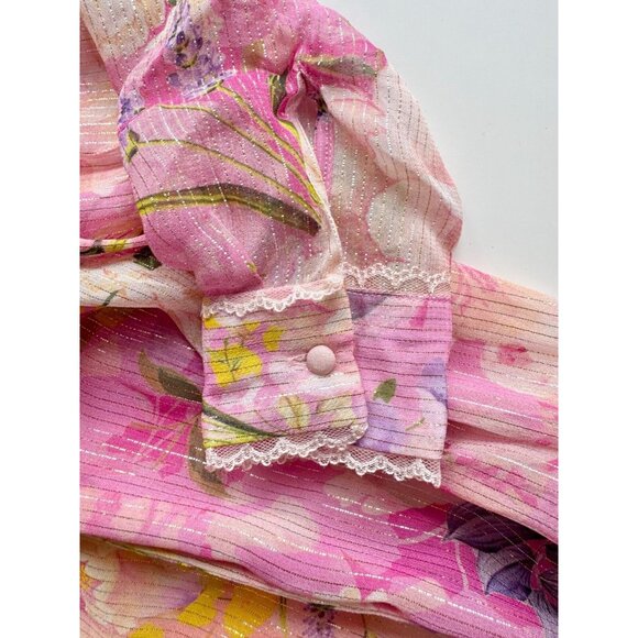ROCOCO SAND Leona Pink Floral Metallic Striped Chiffon Maxi Shirt Dress, Size XS - Picture 8 of 16